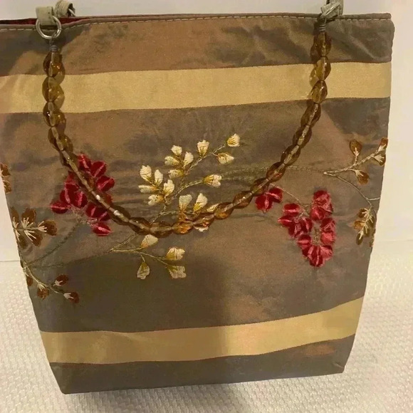 Embroidered Brown Small Handbag Purse Evening Bag Flowers Beaded Handles - Picture 2 of 6
